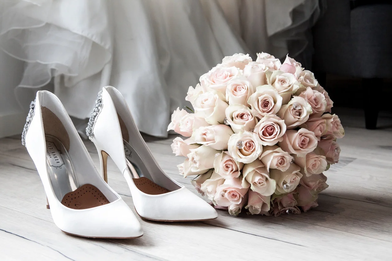 heels and wedding bouquet